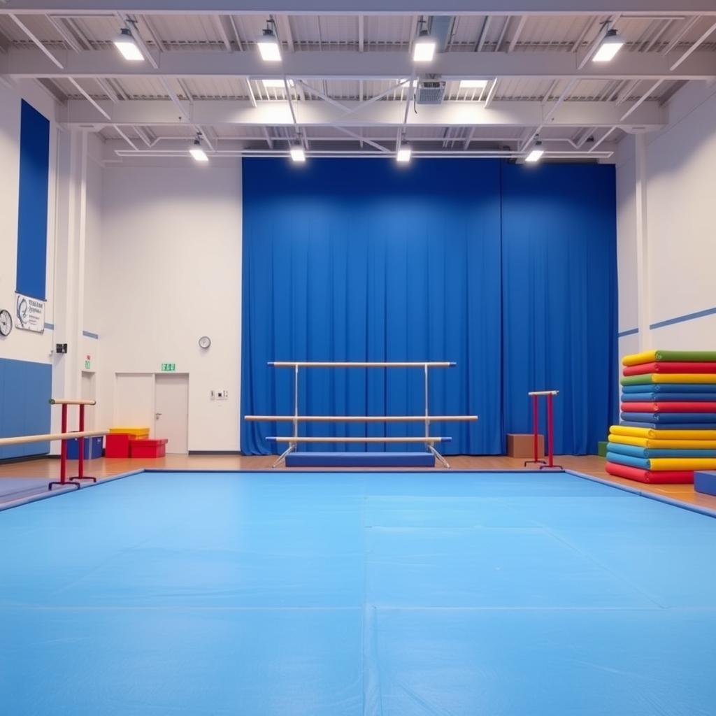 A modern gymnastics academy gym with spring floor, apparatus, and bright windows