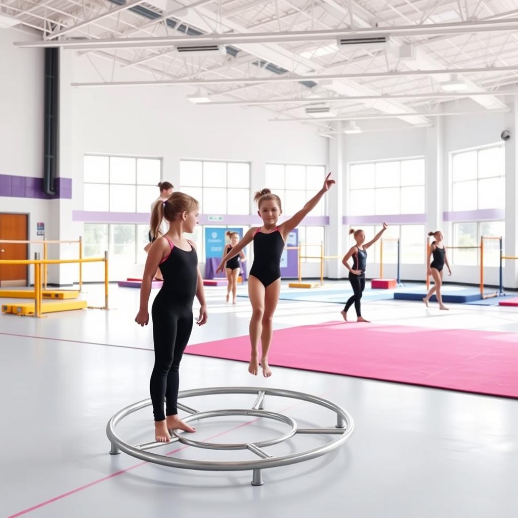 Young gymnasts training on a spring floor inside a bright modern gymnastics academy